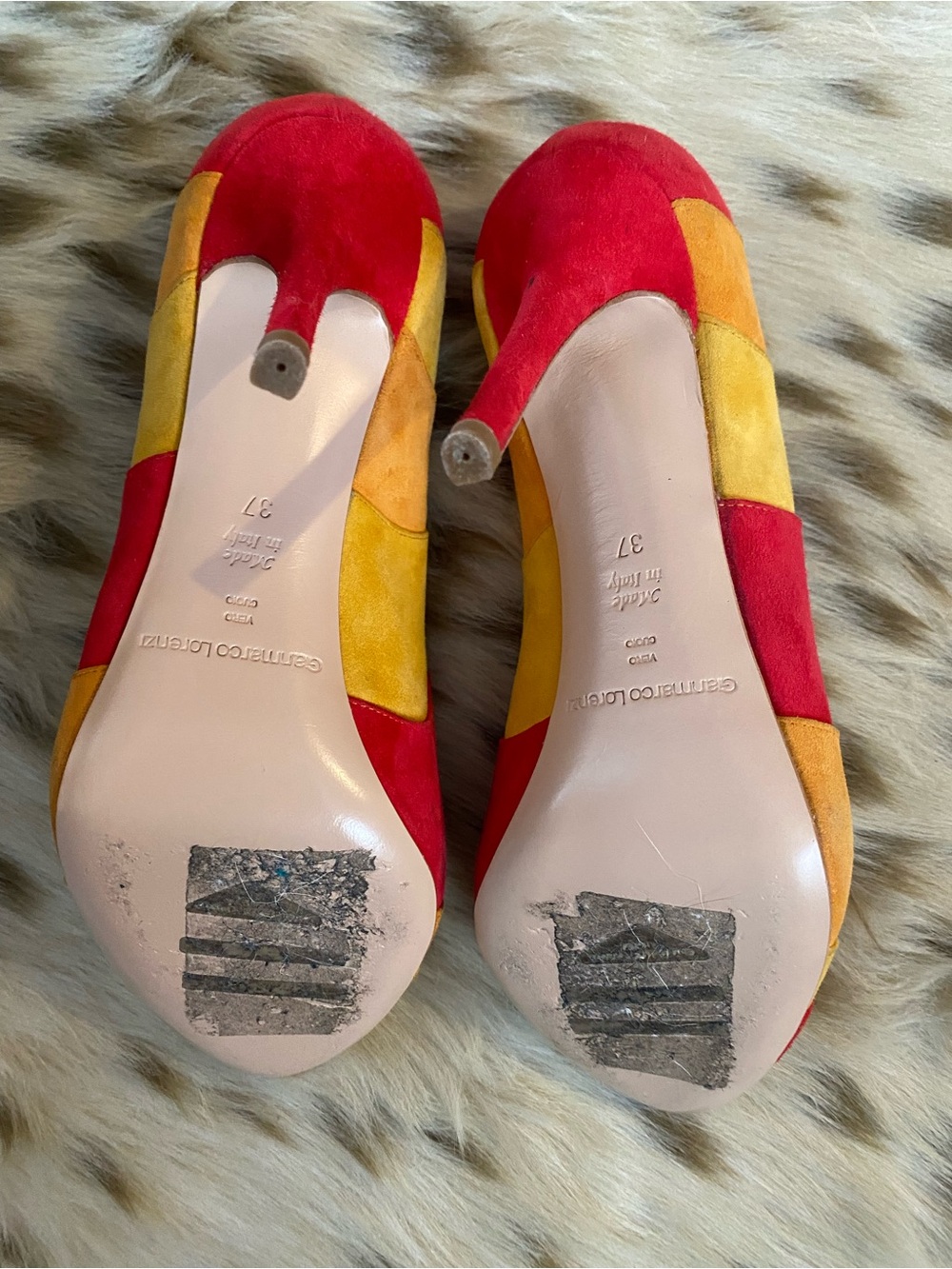 Gianmarco Lorenzi Red, Yellow & Orange Suede Peep-Toe Pumps - Picture 5 of 8